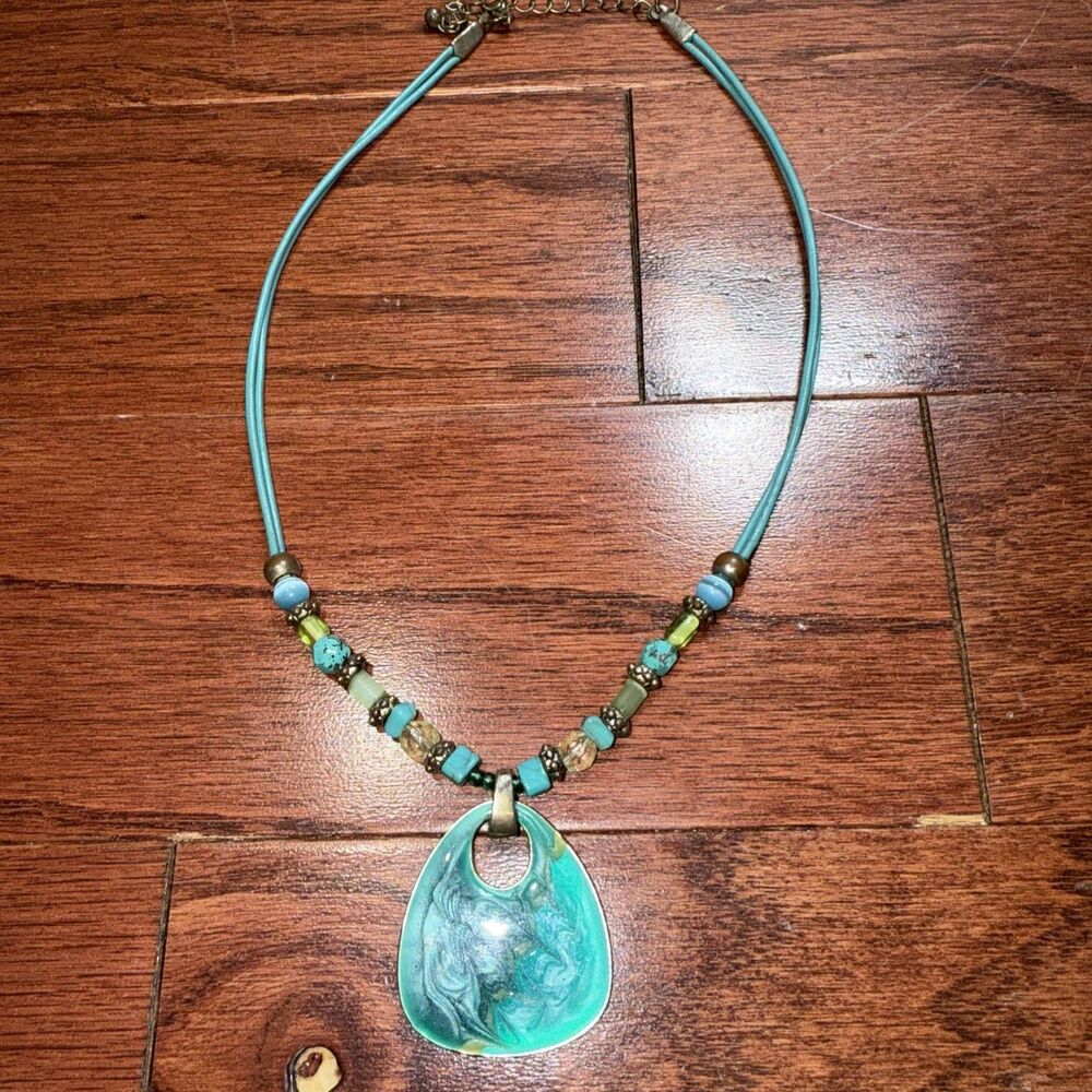Murano Style Glass Vintage Pendant & Bead Turquoise & Amber Colour Necklace